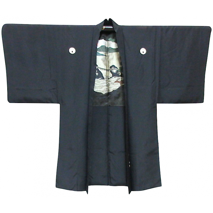  Antique Haori samourai Meoto iwa Ise Maruni Dakimyoga montsuki soie noire homme "Made in Japan" 