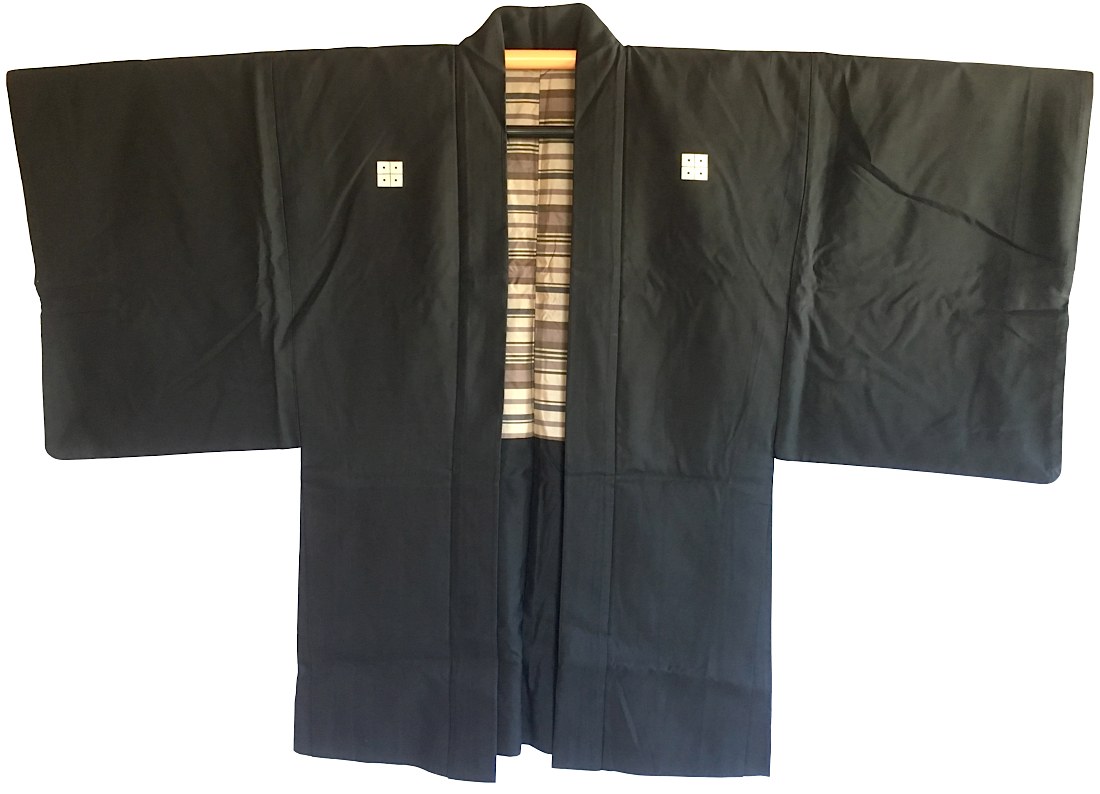 Antique haori samourai Shima Maru ni Yotsume Hishi soie noire homme "Made in Japan" 