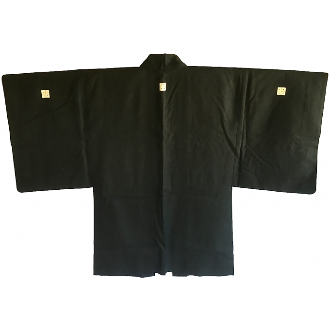 Antique haori samourai Shima Maru ni Yotsume Hishi soie noire homme "Made in Japan" 