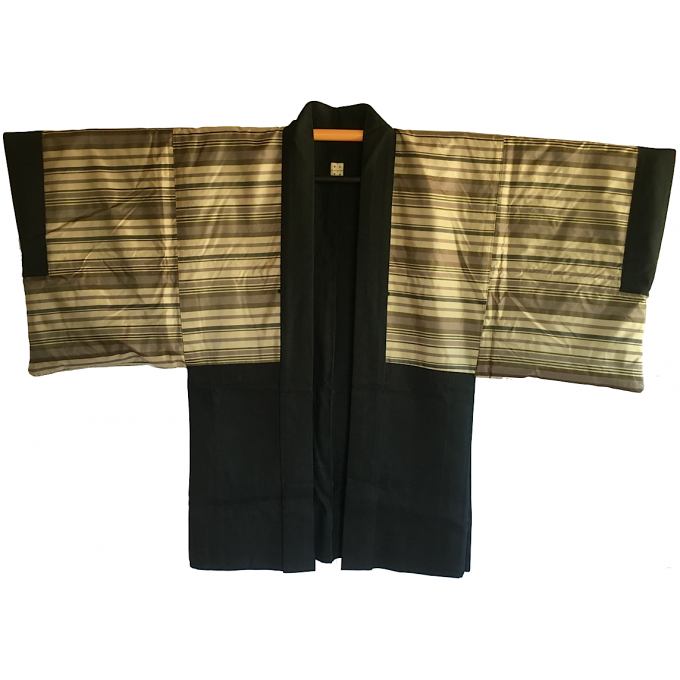 Antique haori samourai Shima Maru ni Yotsume Hishi soie noire homme "Made in Japan" 