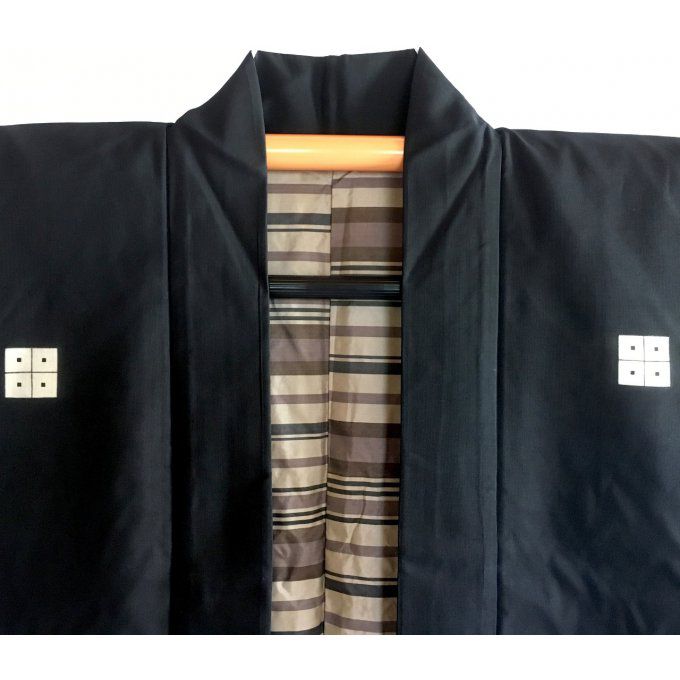 Antique haori samourai Shima Maru ni Yotsume Hishi soie noire homme "Made in Japan" 