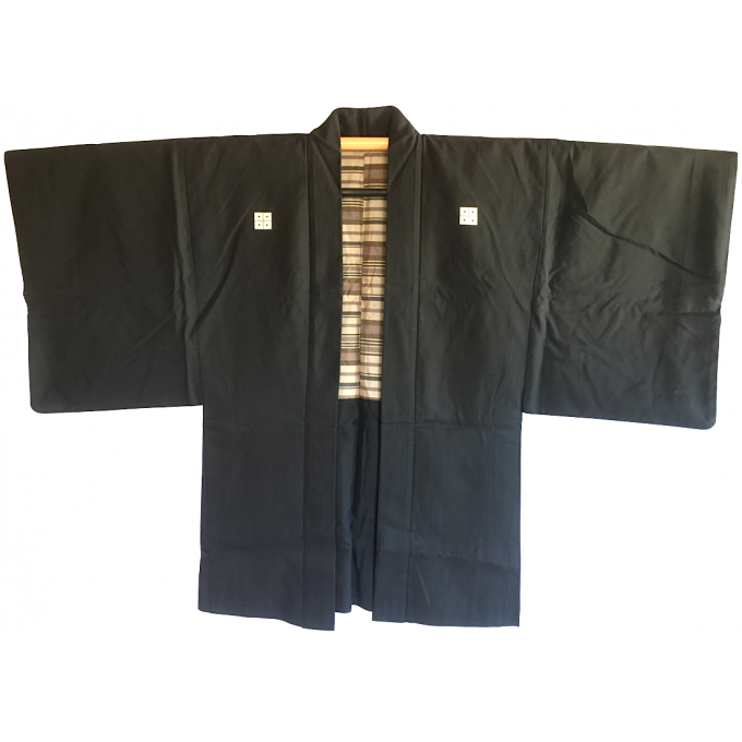 Antique haori samourai Shima Maru ni Yotsume Hishi soie noire homme "Made in Japan" 