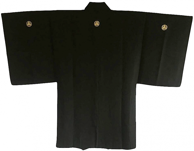 Luxe Antique haori samourai soie noire Mitsu Kashiwa montsuki Tokaido Fuji san Jinja 