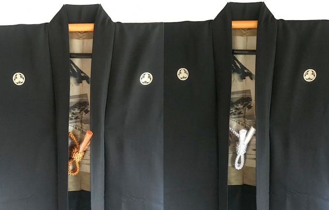 Luxe Antique haori samourai soie noire Mitsu Kashiwa montsuki Tokaido Fuji san Jinja 