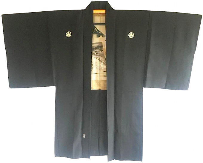 Luxe Antique haori samourai soie noire Mitsu Kashiwa montsuki Tokaido Fuji san Jinja 