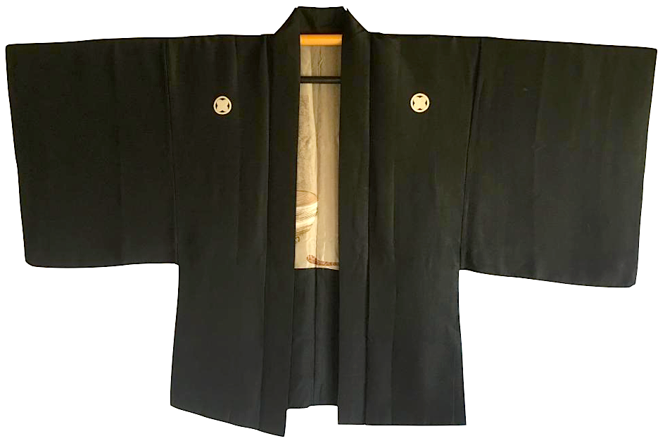 Luxe Antique veste kimono Haori samourai soie noire Takanohane Montsuki Chanoyu