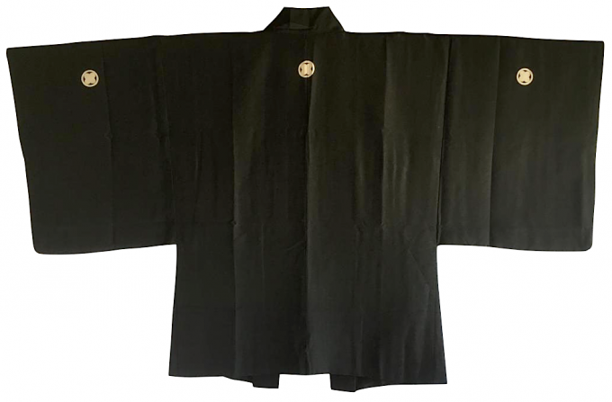 Luxe Antique veste kimono Haori samourai soie noire Takanohane Montsuki Chanoyu