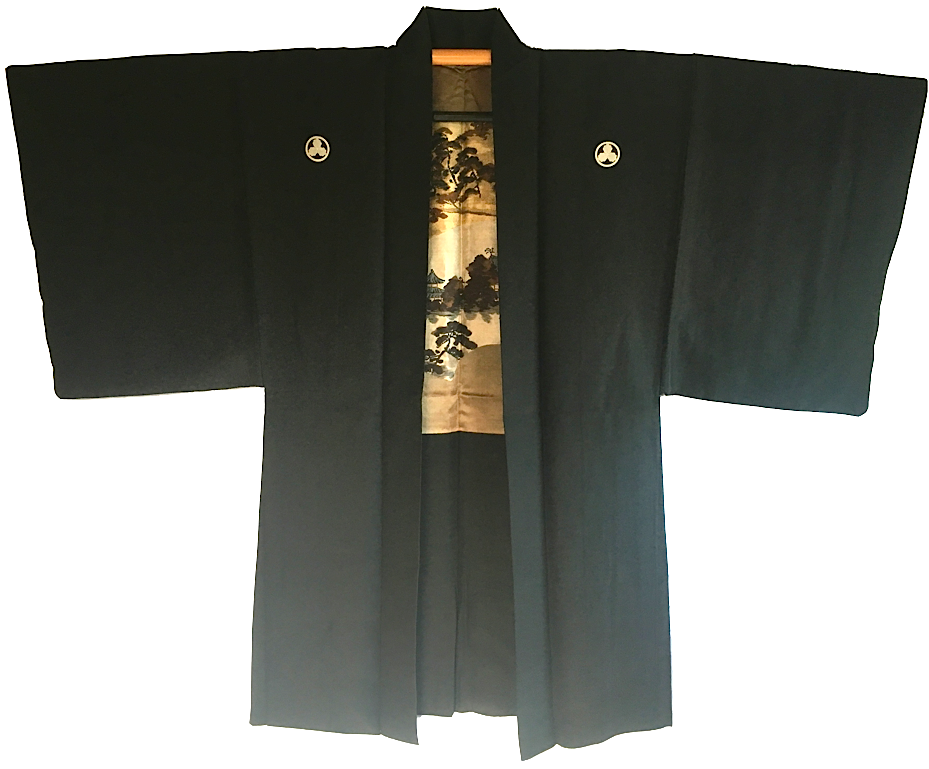 Antique Haori samourai soie noire Byodo-In Maruni Mitsu Kashiwa Montsuki homme "Made in Japan"