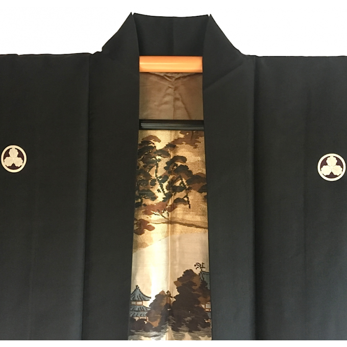 Antique Haori samourai soie noire Byodo-In Maruni Mitsu Kashiwa Montsuki homme "Made in Japan"