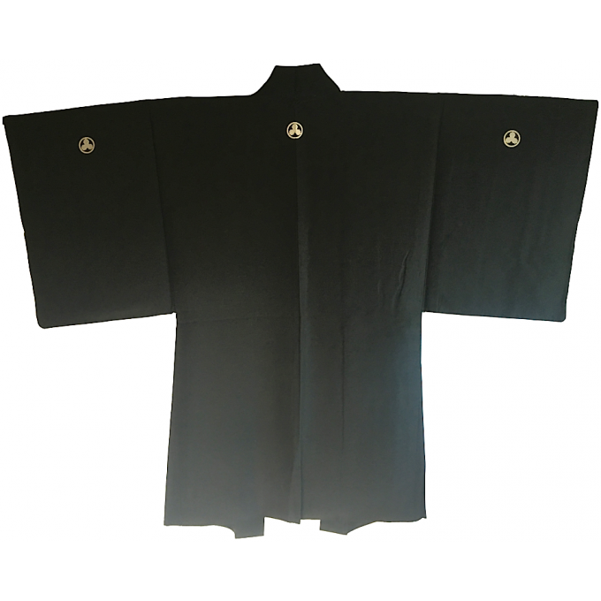 Antique Haori samourai soie noire Byodo-In Maruni Mitsu Kashiwa Montsuki homme "Made in Japan"