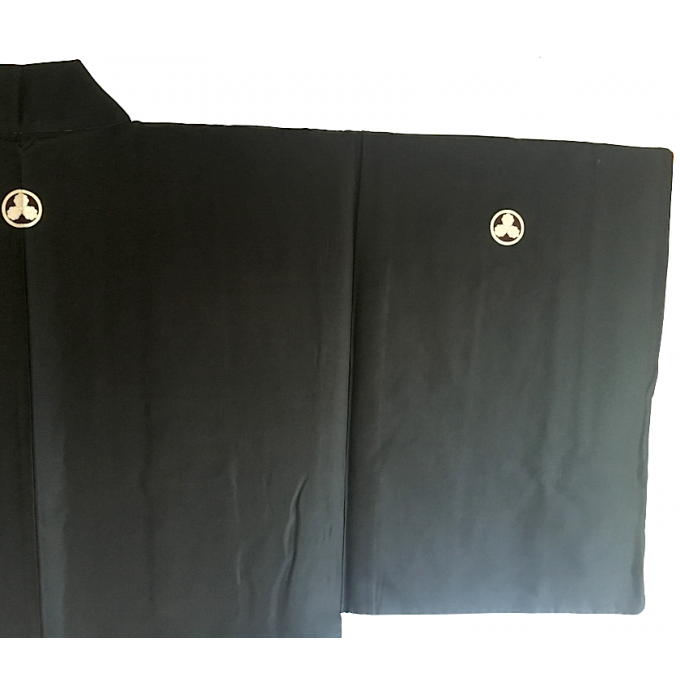 Antique Haori samourai soie noire Byodo-In Maruni Mitsu Kashiwa Montsuki homme "Made in Japan"