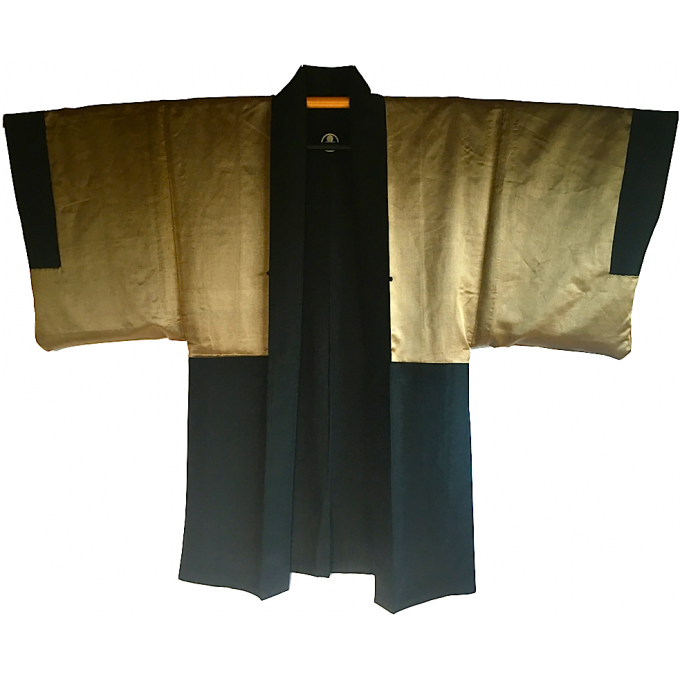 Antique Haori samourai soie noire Byodo-In Maruni Mitsu Kashiwa Montsuki homme "Made in Japan"