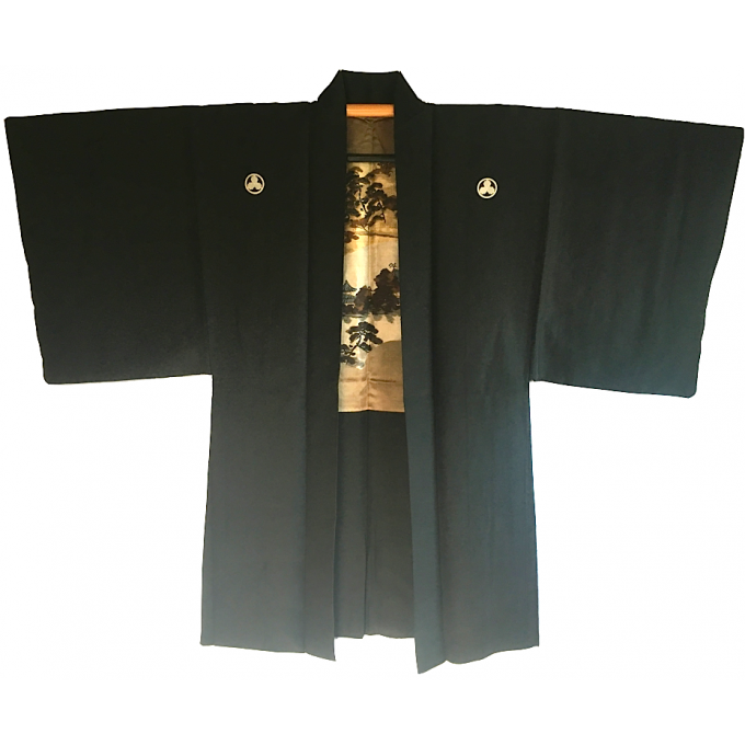 Antique Haori samourai soie noire Byodo-In Maruni Mitsu Kashiwa Montsuki homme "Made in Japan"