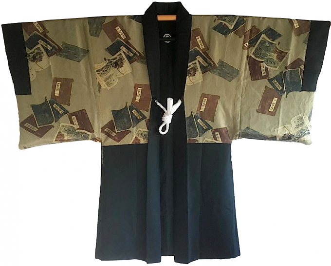 Luxe Antique haori samourai soie noire Mokkou Montsuki Ikusa no Hidensho homme