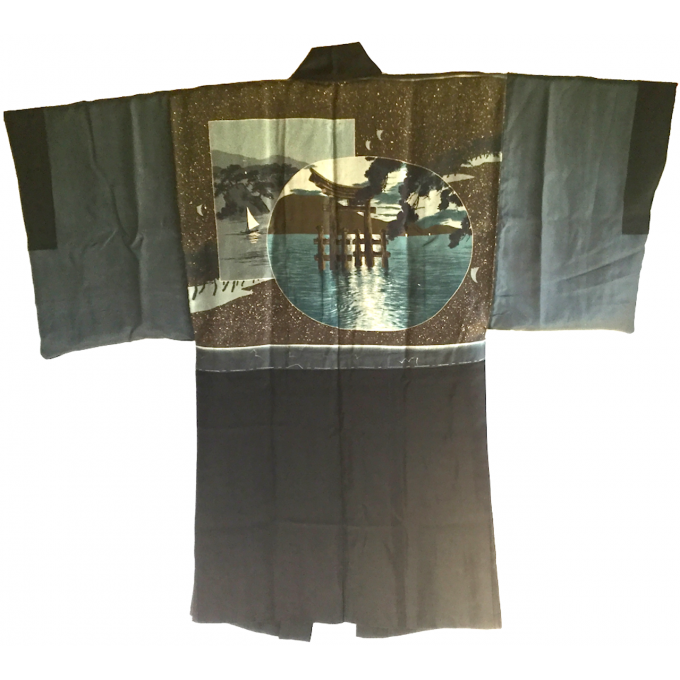 Luxe antique Haori samourai soie noire Maruni Mokkou Montsuki Torii Miyajima homme