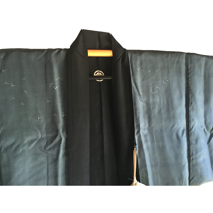 Luxe antique Haori samourai soie noire Maruni Mokkou Montsuki Torii Miyajima homme