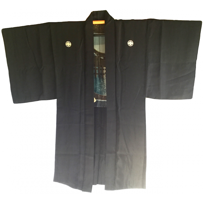 Luxe antique Haori samourai soie noire Maruni Mokkou Montsuki Torii Miyajima homme