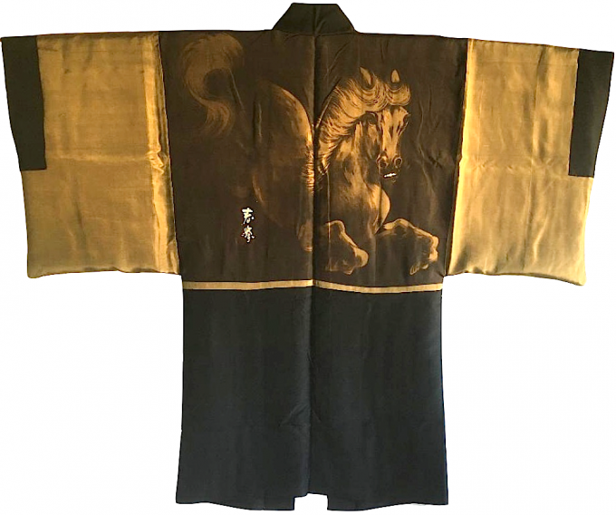 Luxe Antique haori samourai soie noire Rin montsuki Kuro Uma L'étalon noir homme 