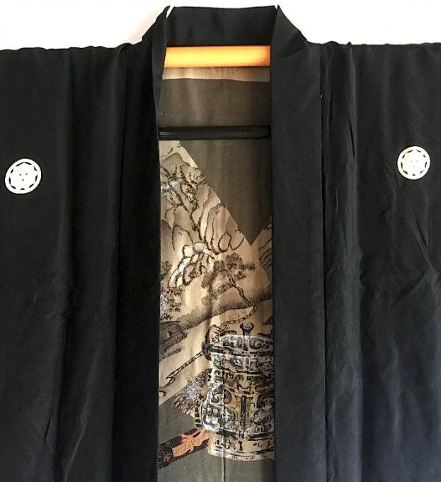 Antique Veste kimono Haori Samourai soie noire Kenkatabami Montsuki Nihon no Yama Kurashi 