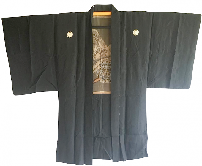 Antique Veste kimono Haori Samourai soie noire Kenkatabami Montsuki Nihon no Yama Kurashi 