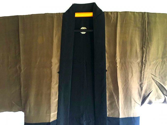 Antique Veste kimono Haori Samourai soie noire Kenkatabami Montsuki Nihon no Yama Kurashi 