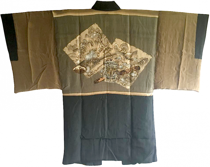 Antique Veste kimono Haori Samourai soie noire Kenkatabami Montsuki Nihon no Yama Kurashi 