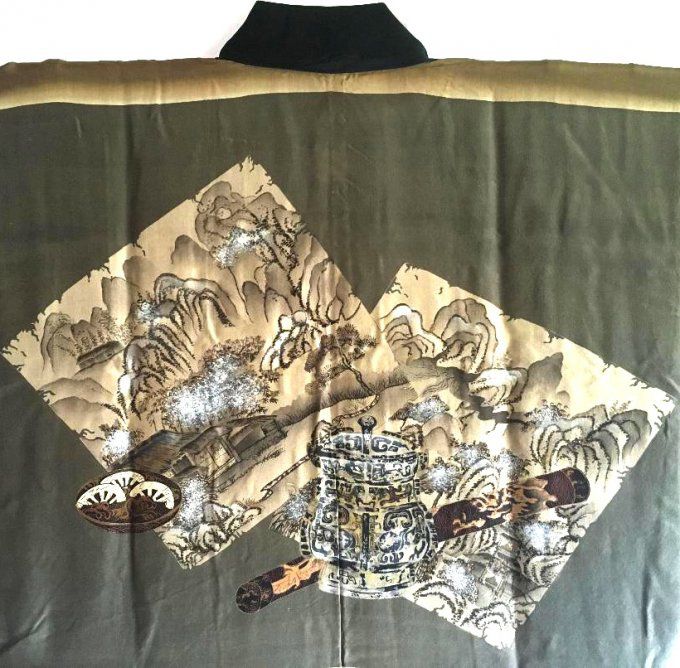 Antique Veste kimono Haori Samourai soie noire Kenkatabami Montsuki Nihon no Yama Kurashi 