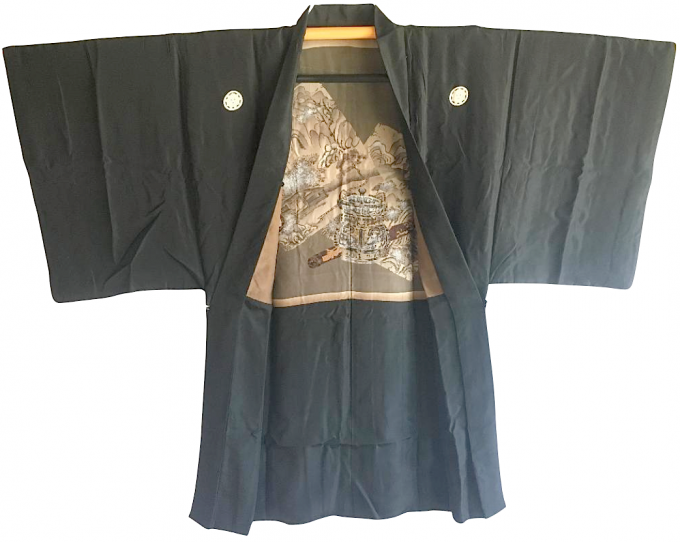 Antique Veste kimono Haori Samourai soie noire Kenkatabami Montsuki Nihon no Yama Kurashi 