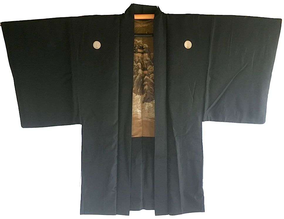 Antique Haori samourai soie noire Sora no Shiro Maruni Dakigashiwa Montsuki homme