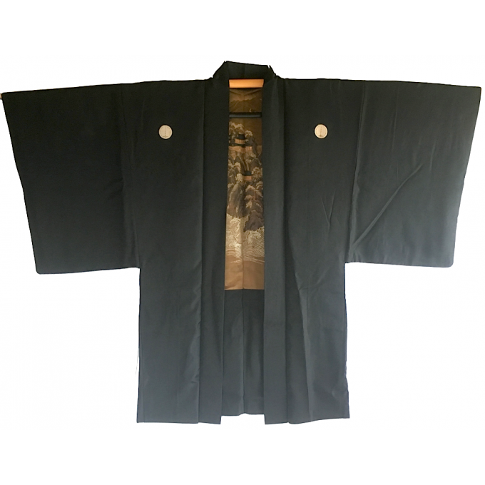 Antique Haori samourai soie noire Sora no Shiro Maruni Dakigashiwa Montsuki homme