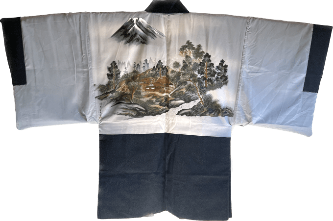 Antique Haori soie bleu indigo Tsumugi Fuji San no Mura homme