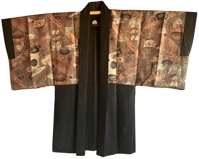 Antique Haori soie noire Maruni Tachibana Montsuki Chashitsu homme