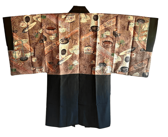 Antique Haori soie noire Maruni Tachibana Montsuki Chashitsu homme