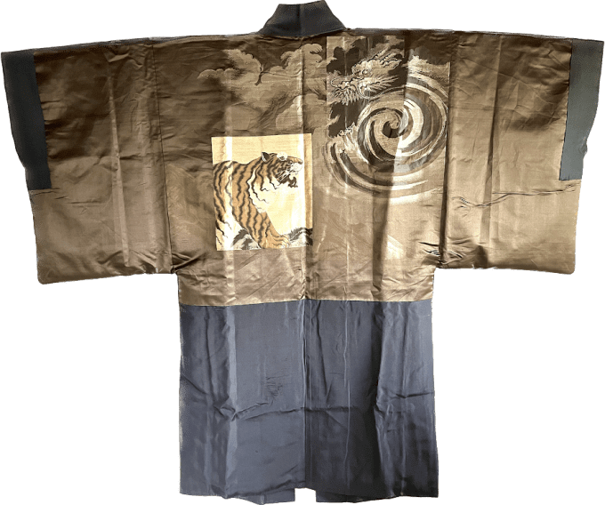 Luxe Antique haori  soie noire Tachibana Montsuki Tigre VS Dragon homme  