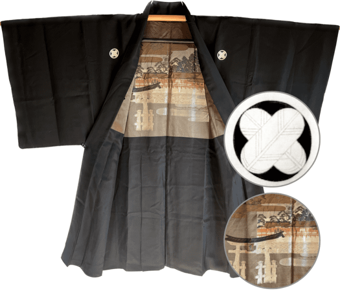 Luxe Antique Haori  japonais soie noire TakanoHane Montsuki Torii Miyajima homme 