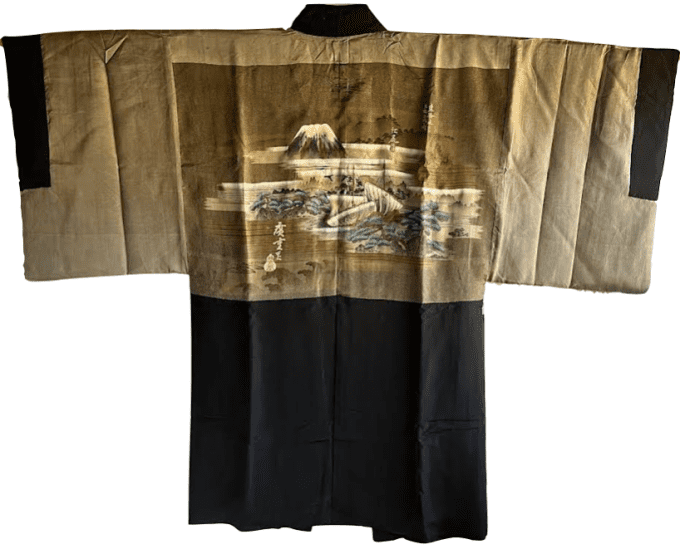 Antique haori soie noire Takenaka Montsuki TakaraBune Fuji San homme   