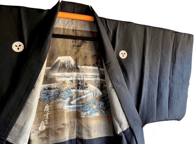 Antique haori soie noire Takenaka Montsuki TakaraBune Fuji San homme   