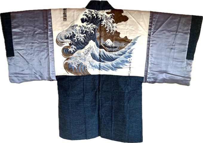 Haori japonais homme soie bleu Tsumugi La vague japonaise Nami Hokusai