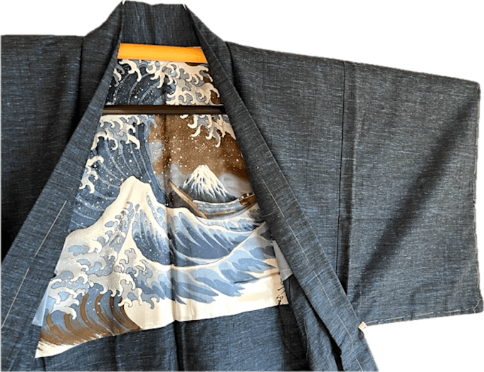 Haori japonais homme soie bleu Tsumugi La vague japonaise Nami Hokusai