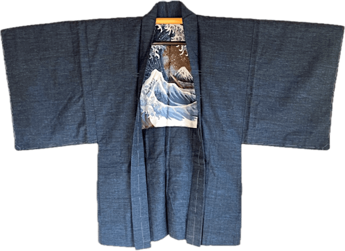 Haori japonais homme soie bleu Tsumugi La vague japonaise Nami Hokusai