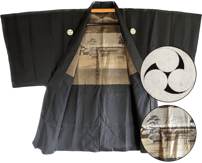 Antique Haori Tomoe Montsuki homme - Temple bouddhique de Kyoto