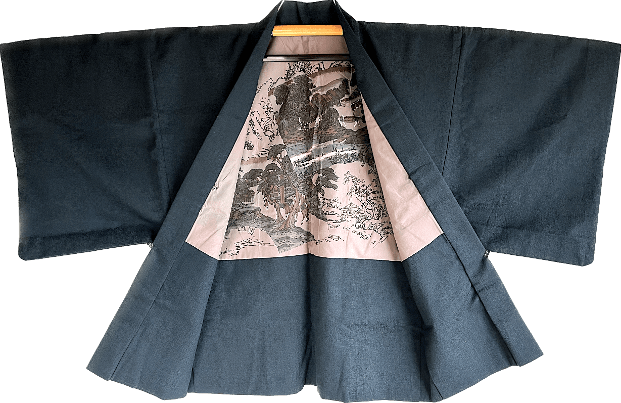 Antique Haori Tsumugi soie bleu indigo Yama no Mura Kurashi homme 