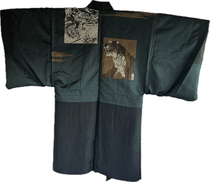 Haori japonais homme antique  soie noire Mokkou Montsuki Dragon VS Tigre