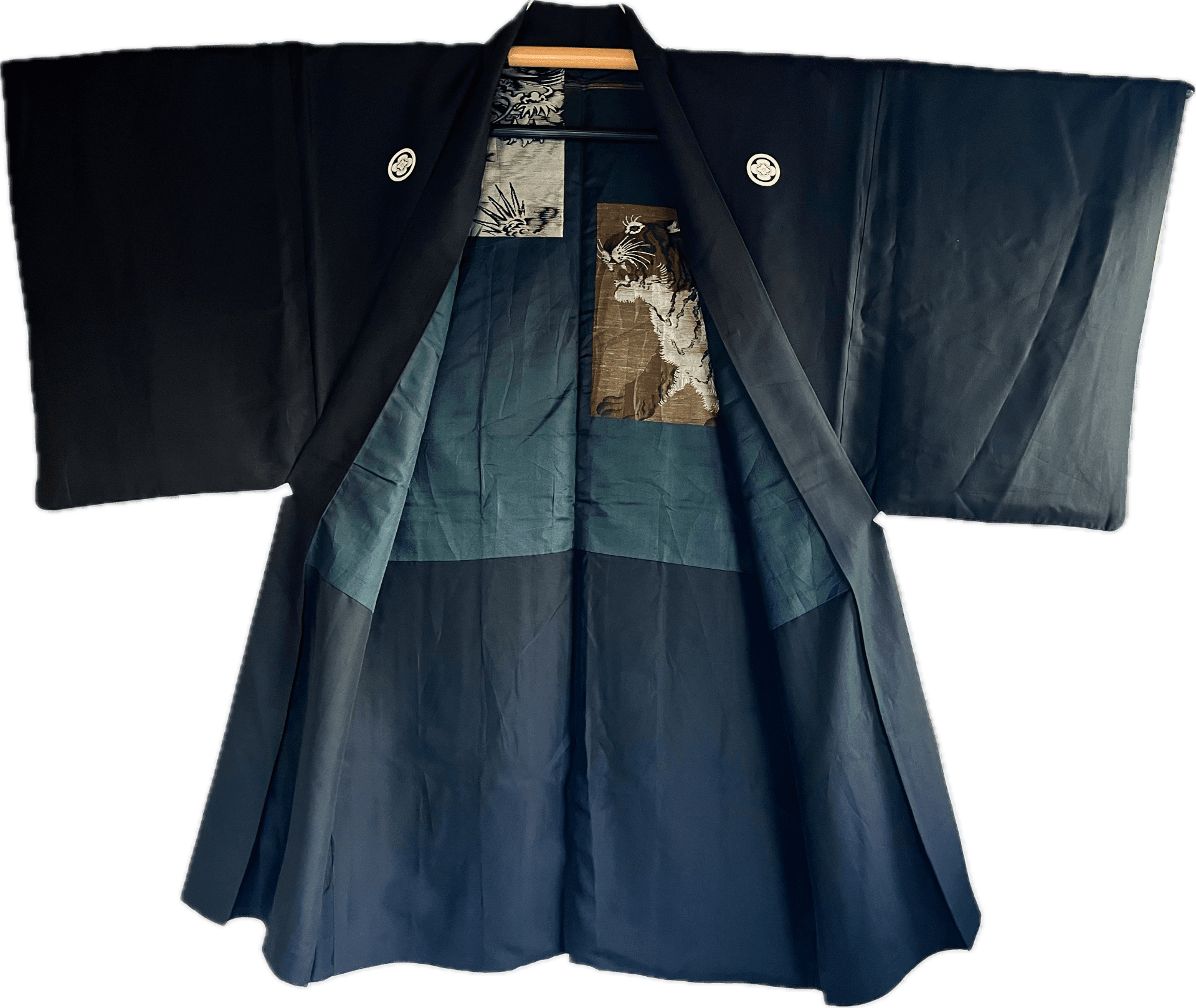 Haori japonais homme antique  soie noire Mokkou Montsuki Dragon VS Tigre
