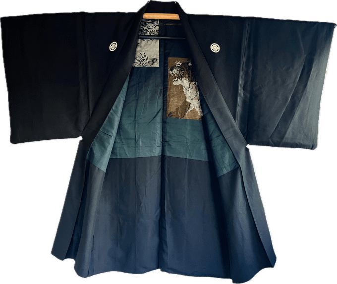  Haori japonais homme antique  soie noire Mokkou Montsuki Dragon VS Tigre