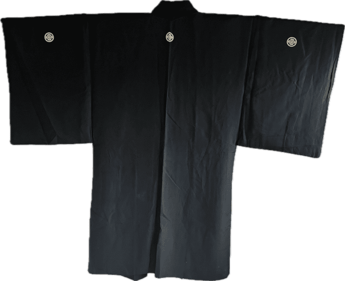 Haori japonais homme antique  soie noire Mokkou Montsuki Dragon VS Tigre