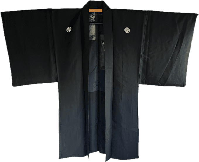 Haori japonais homme antique  soie noire Mokkou Montsuki Dragon VS Tigre