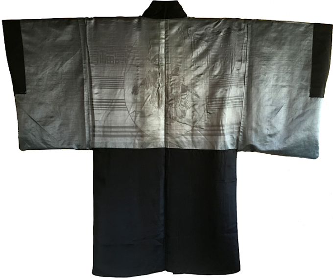 Antique haori soie noire Kenkatabami Montsuki HOTEI EBISU FUKU KOTOBUKI homme