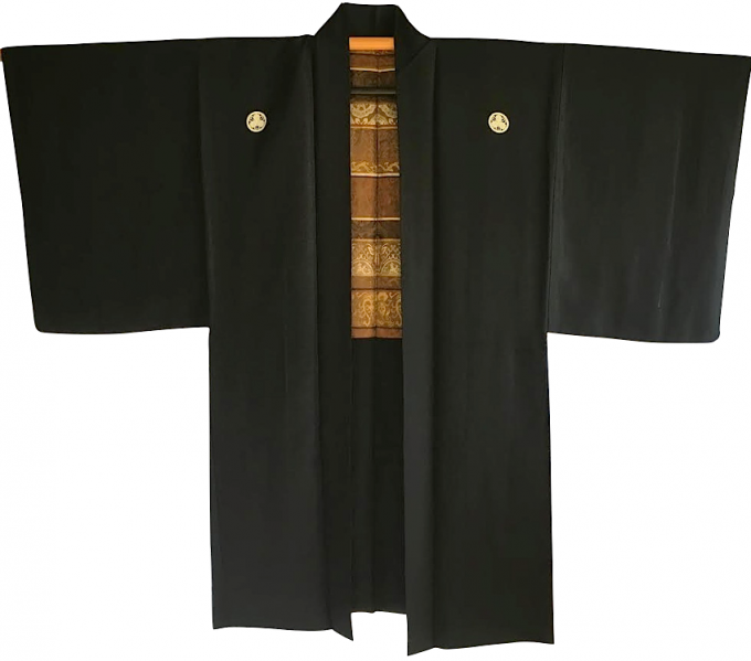 Set Antique Haori & kimono traditionnel japonais soie noire Mitsukashiwa Montsuki homme 