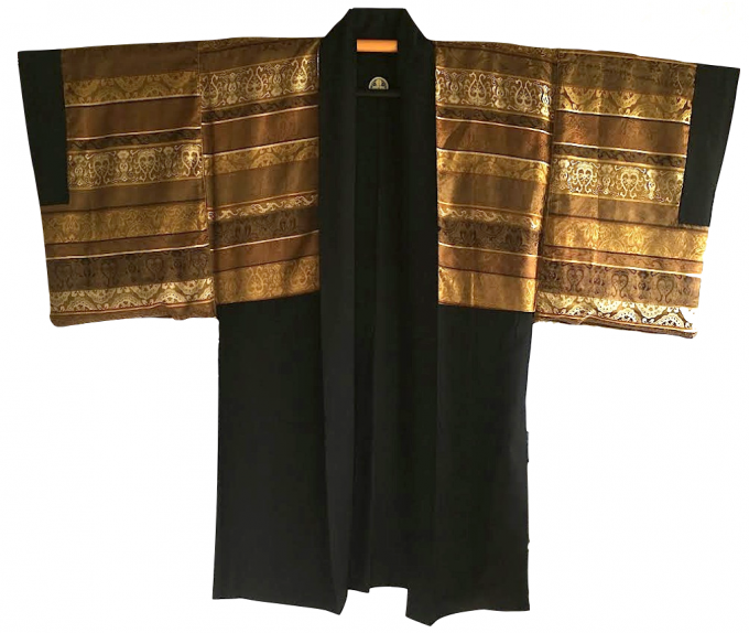 Set Antique Haori & kimono traditionnel japonais soie noire Mitsukashiwa Montsuki homme 